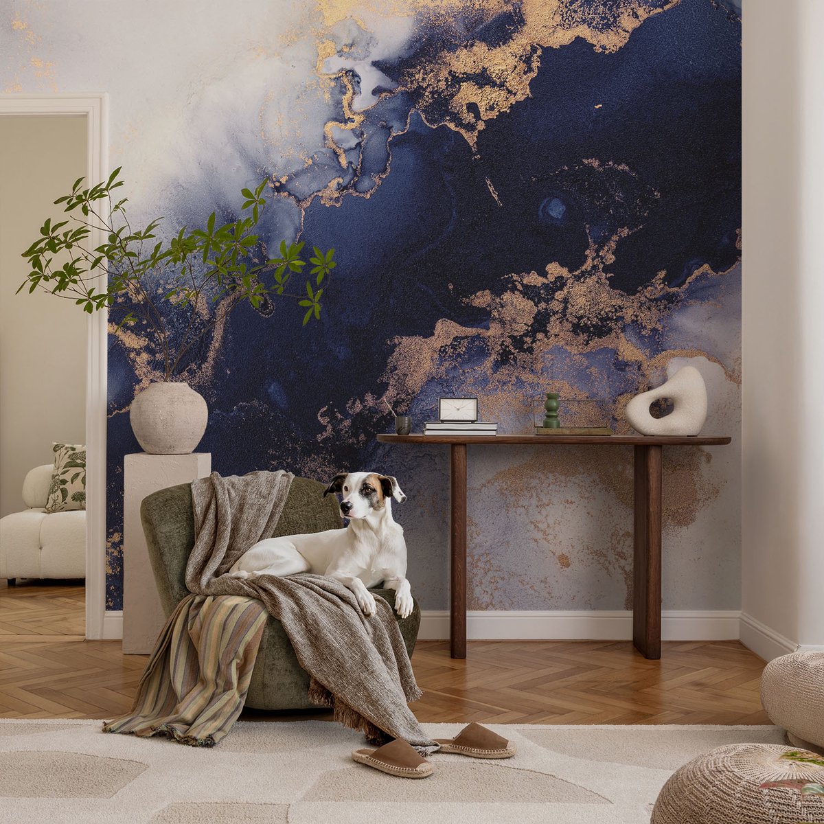 Coloray Vliesbehang - Marine Snellijm Behang - 104x70 cm - Marineblauwe Golven Muurschildering - Slaapkamer behang Abstractie - Fotobehang Vlies - Slaapkamer behang