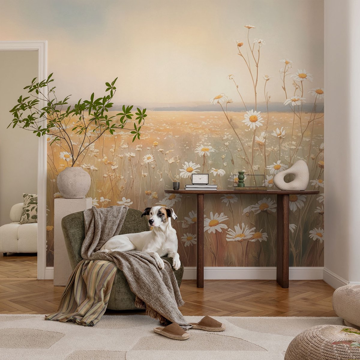 Coloray Vliesbehang - Wit Snellijm Behang - 104x70 cm - Bloemenweide Muurschildering - Gang behang Bloemen En Planten - Fotobehang Vlies - Slaapkamer behang