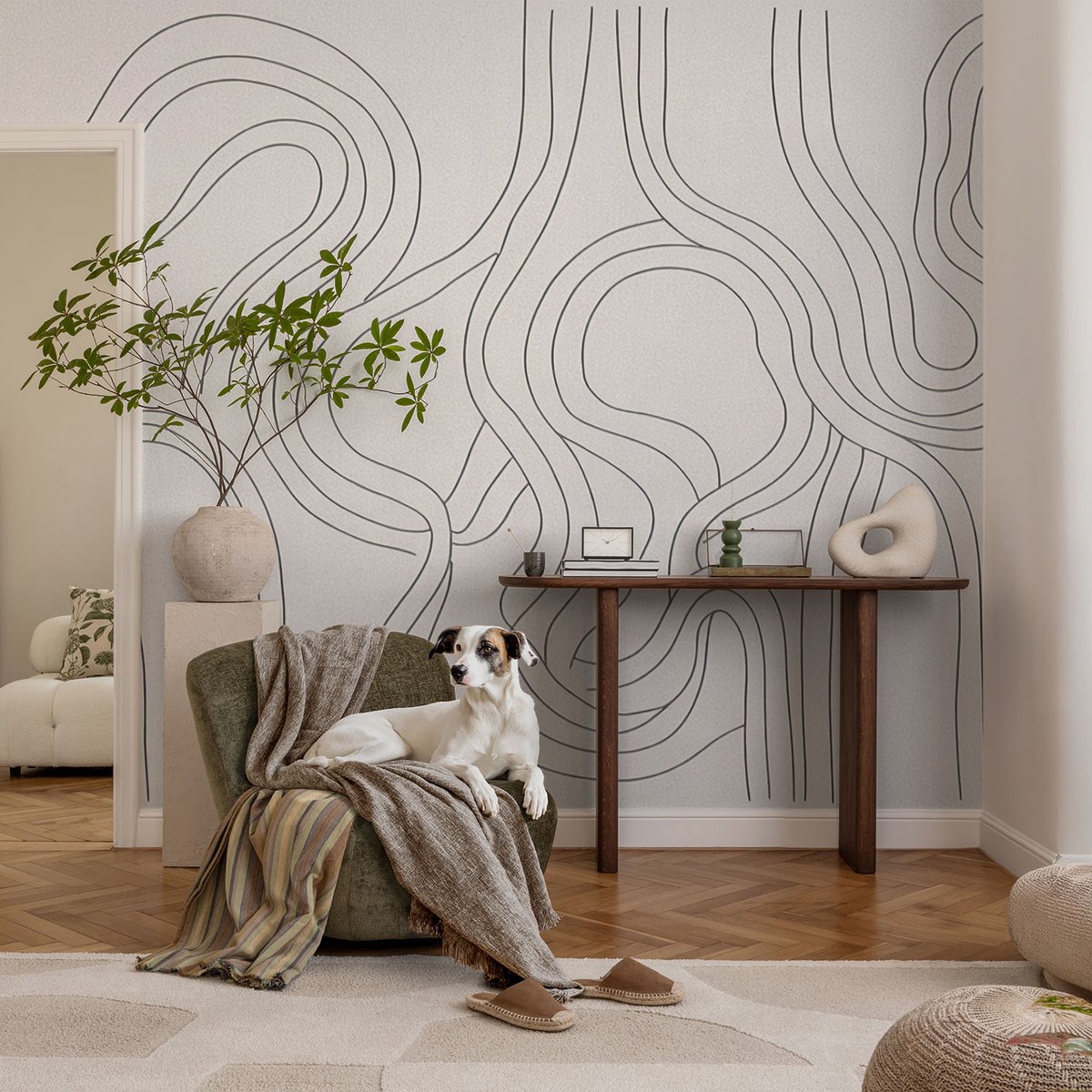 Coloray Vliesbehang - Wit Snellijm Behang - 104x70 cm - Organische Lijnen Fotobehang Vlies - Hal behang Abstractie - Muurschildering - Woonkamer behang