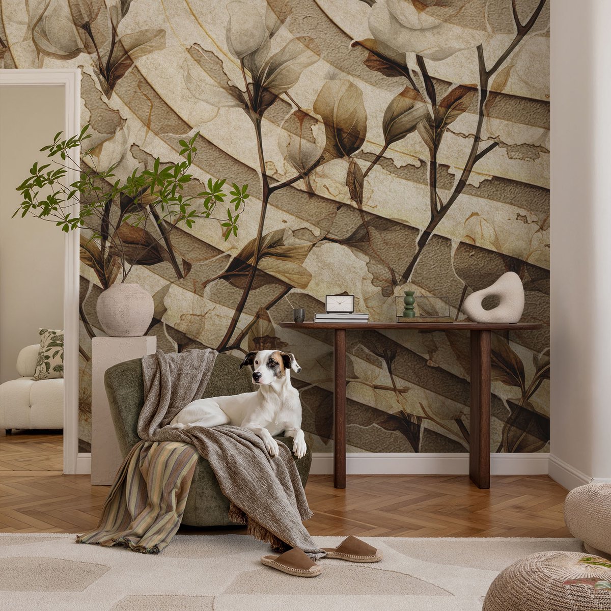 Coloray Vliesbehang - Beige Snellijm Behang - 104x70 cm - Klassieke Flora Fotobehang Vlies - Woonkamer behang Bloemen En Planten - Muurschildering - Woonkamer behang