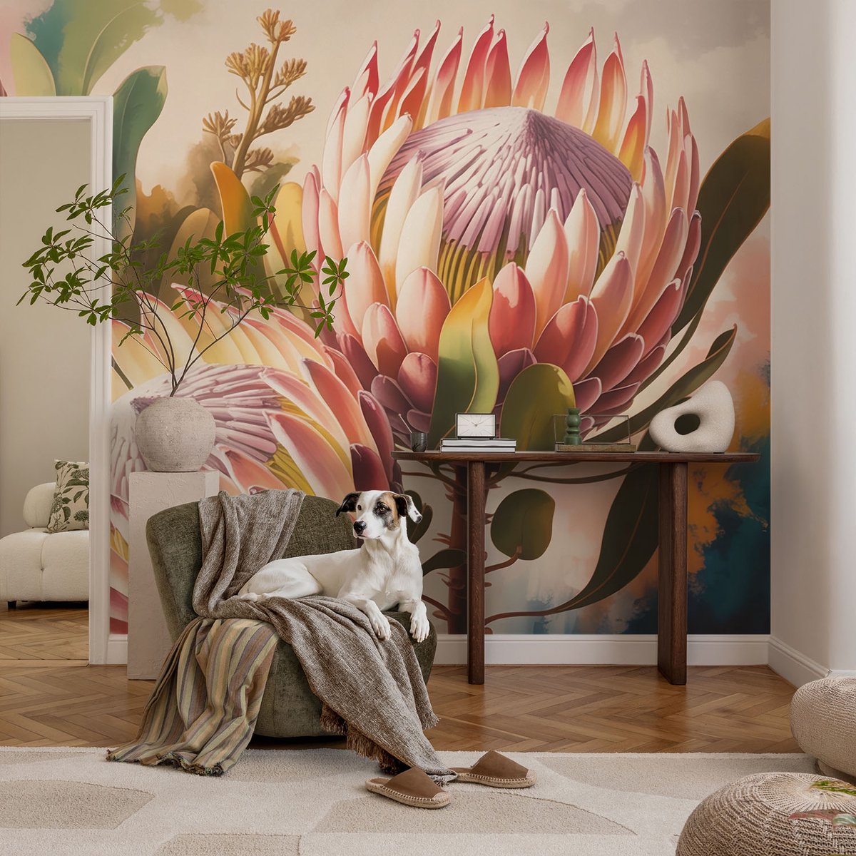 Coloray Vliesbehang - Roze Snellijm Behang - 104x70 cm - Protea-Bloemen Muurschildering - Slaapkamer behang Bloemen En Planten - Fotobehang Vlies - Slaapkamer behang