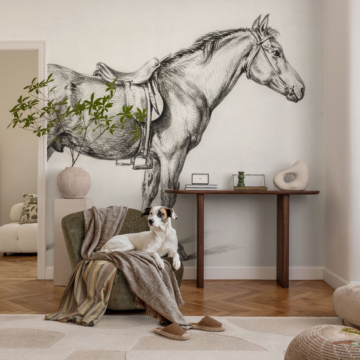 Coloray Vliesbehang - Zwart-Wit Snellijm Behang - 104x70 cm - Schets Van Een Paard Fotobehang Vlies - Hal behang Dieren - Muurschildering - Woonkamer behang