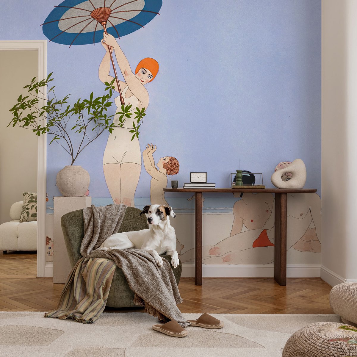 Coloray Vliesbehang - Blauw Snellijm Behang - 104x70 cm - Retro Strand Fotobehang Vlies - Hal behang Mensen - Muurschildering - Hal behang