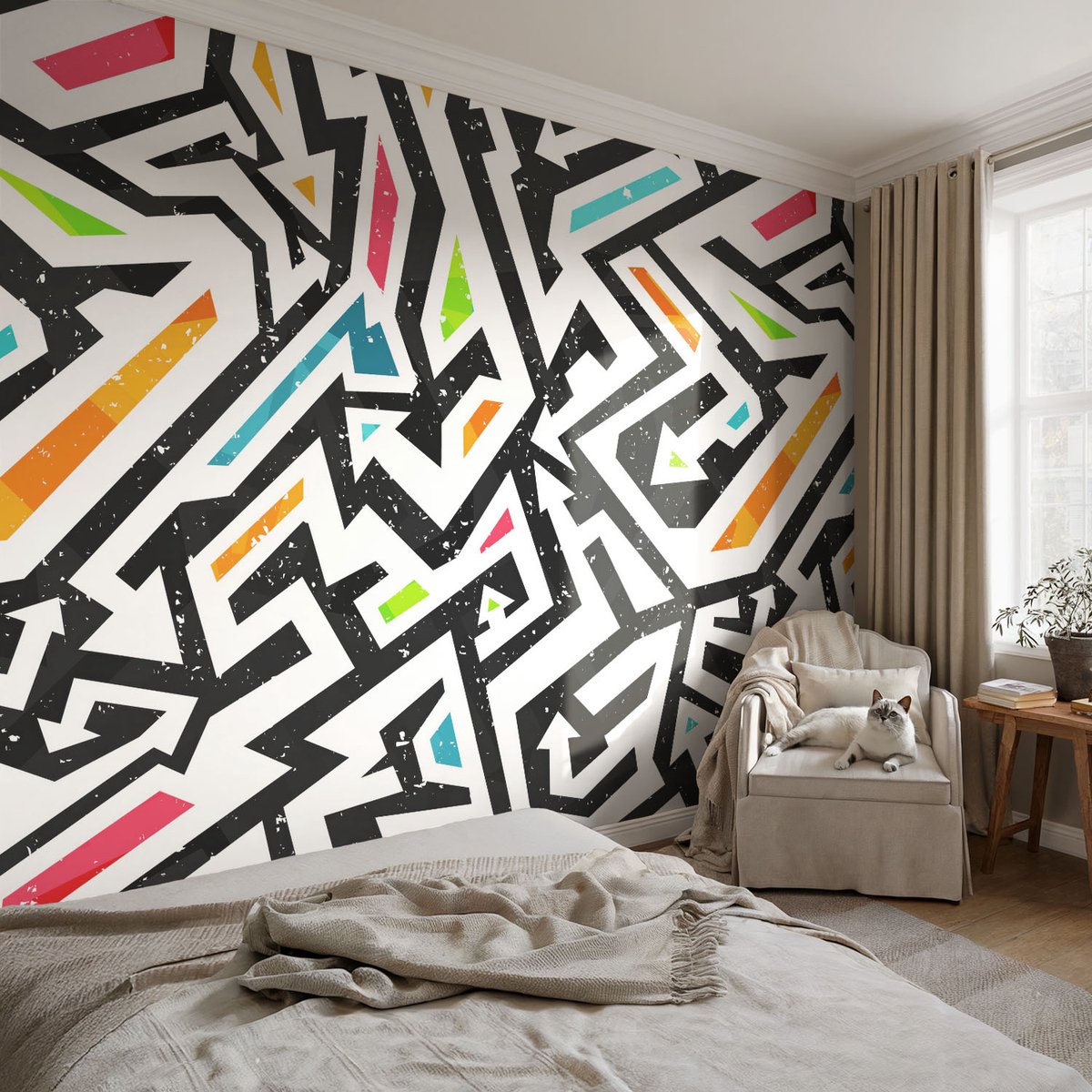 Coloray Vliesbehang - Zwart Snellijm Behang - 104x70 cm - Abstracte Mozaïek Fotobehang Vlies - Woonkamer behang Geometrie - Muurschildering - Woonkamer behang