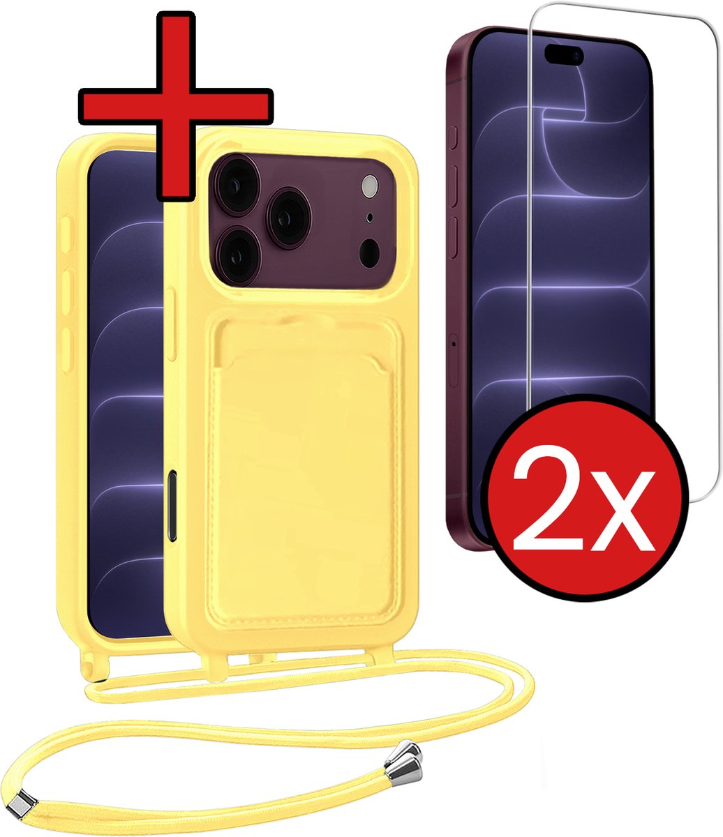 Hoesje Geschikt voor iPhone 18 Pro Hoesje Siliconen Case Met Koord Met 2x Screenprotector - Hoes Geschikt voor iPhone 18 Pro Hoesje Backcover Met Telefoonkoord - Geel