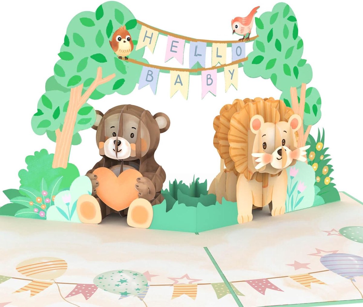 Papercrush Pop-upkaart voor de geboorte, Hello Baby met dieren, neutrale 3D-geboortekaart voor meisjes en jongens, felicitaties voor de baby, wenskaart en geldcadeau voor de geboorte, handgemaakte