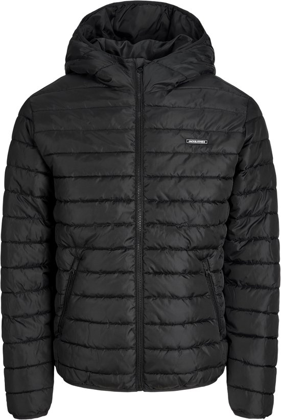 Zwarte gewatteerde jas met capuchon en JACK & JONES logo.