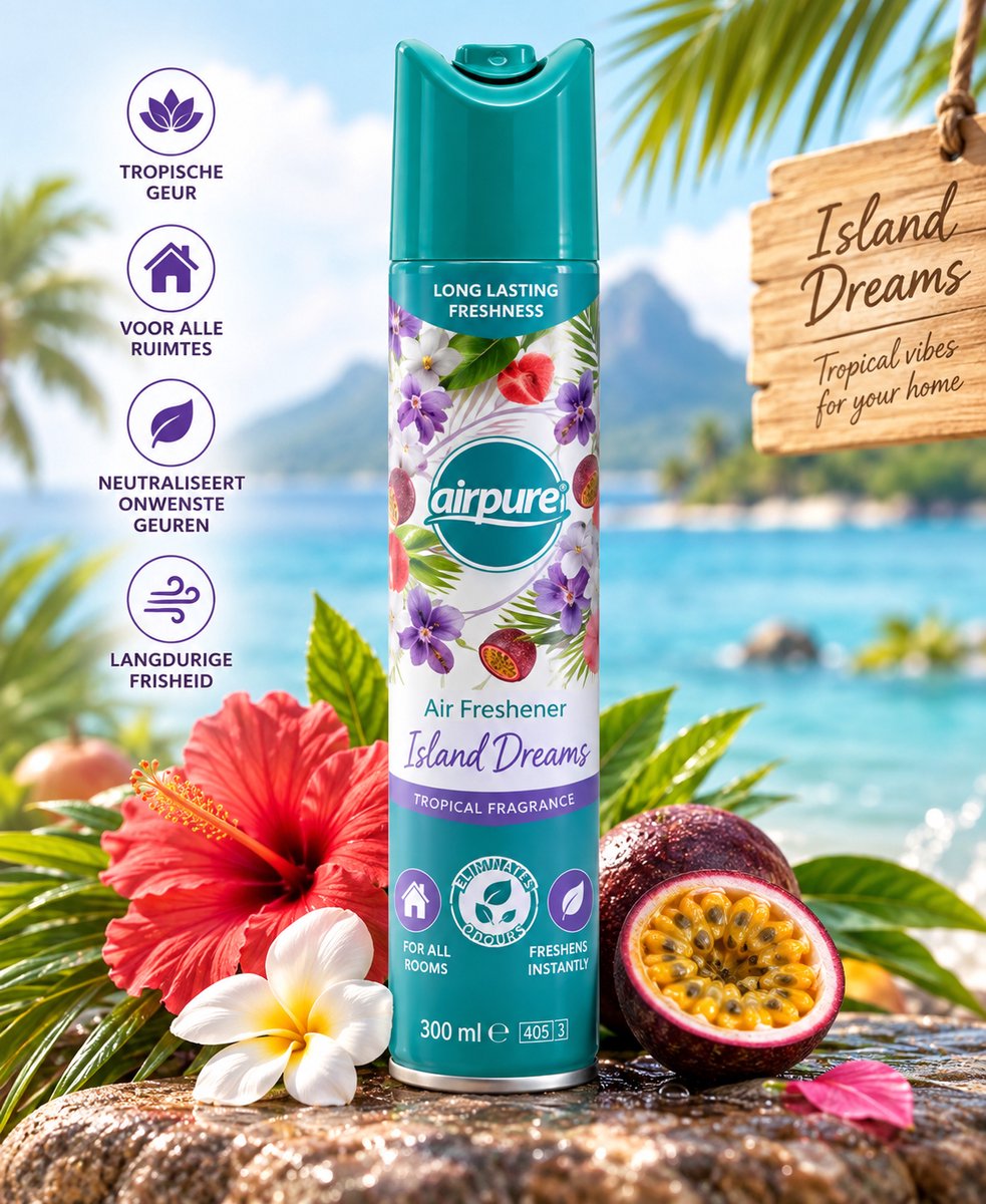 Airpure Island Dreams Luchtverfrisser 300 ml – Tropische Roomspray – Frisse Huisgeur voor Woonkamer, Slaapkamer, Badkamer & Toilet – 1 Stuk
