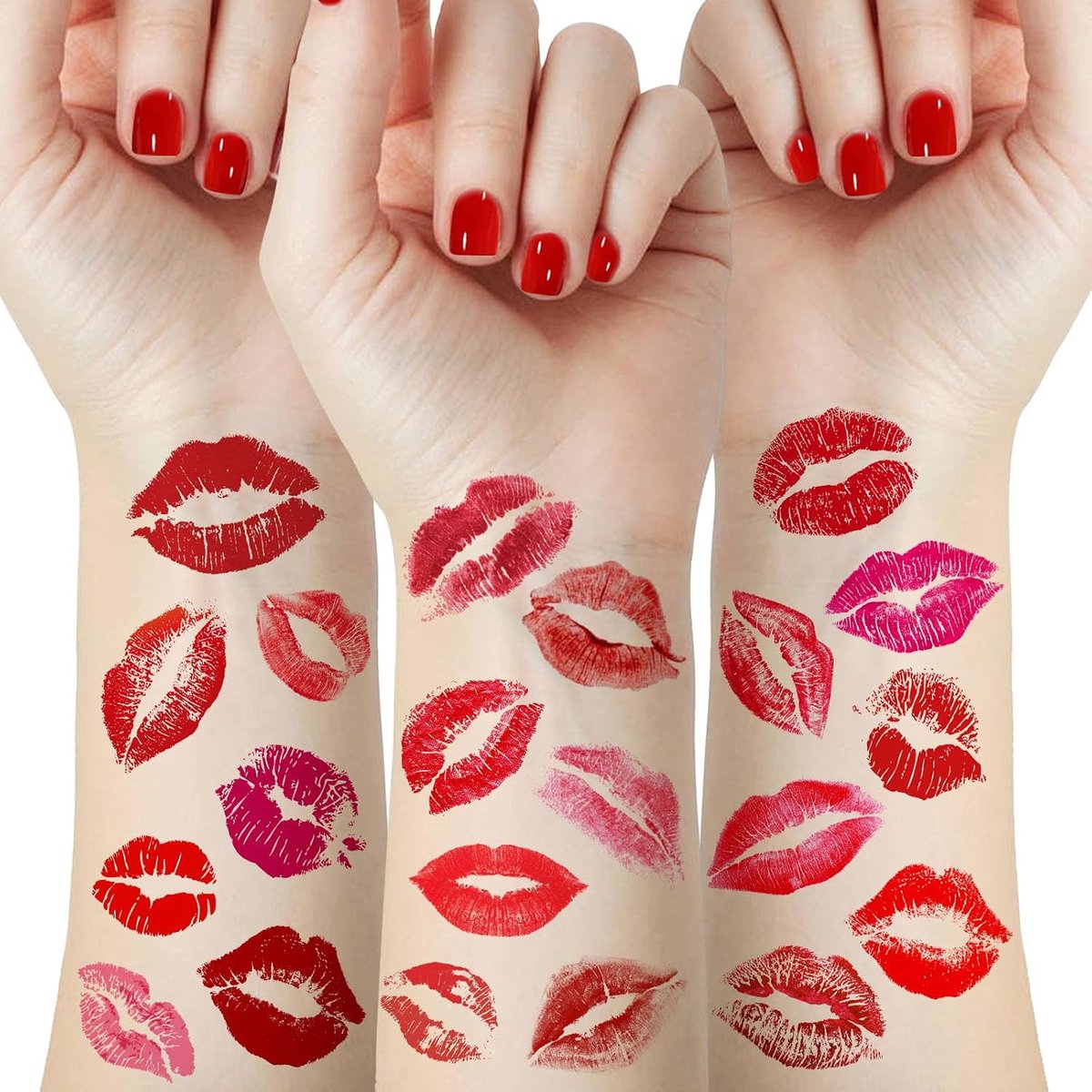 46 stuks Valentijnsdagtatoeages lippen en kussen, rode en roze lippenafdrukken, kustatoeages gezicht en lichaam decoratie voor meisjes