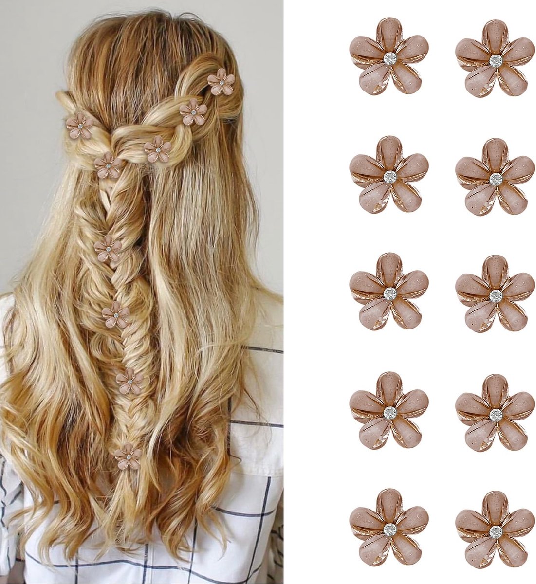 10 Stuks Bloemen Haarclips - 2cm Mini Strass-Kralklemmen voor Dames, Bruiloft & Dagelijks Gebruik (Koffie)