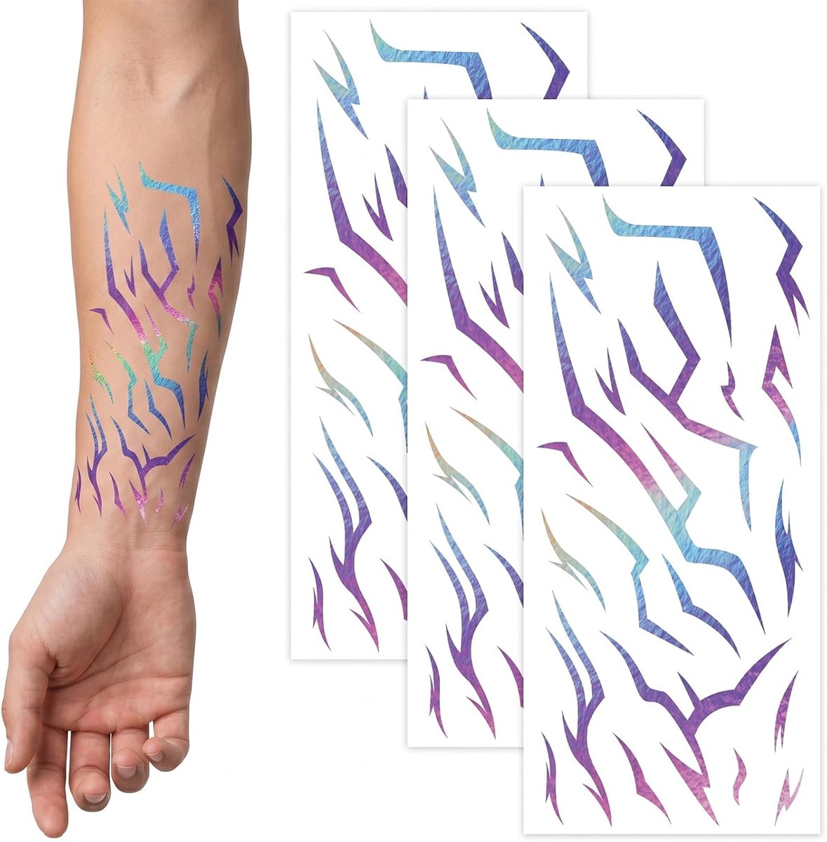 Tijdelijke tatoeages voor kinderen, met laserflitspatroon, waterdichte tattoo-stickers, langdurig, blauw-paars verloop, neptatoeages voor cosplay, festival en kinderverjaardag, 24 x 11