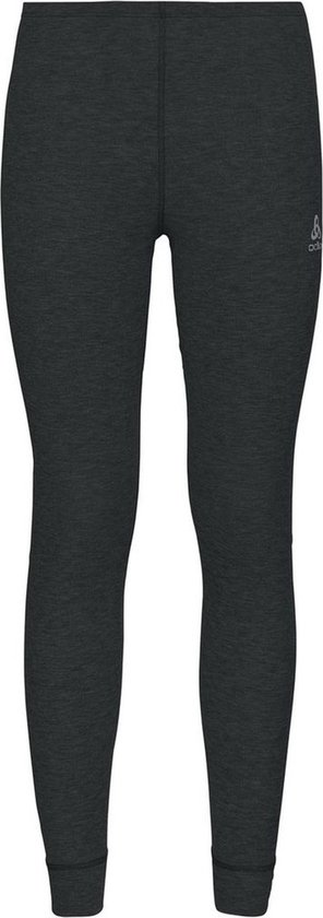 Donkergrijze thermische broek met gemêleerde textuur en ODLO-logo op de heup.