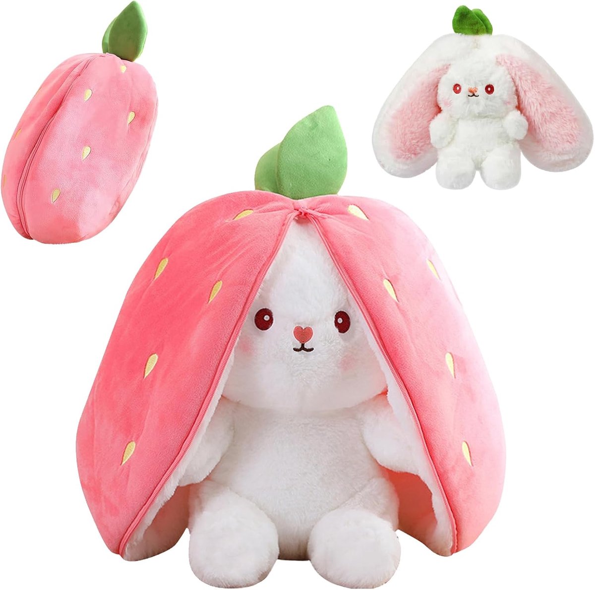 Verstopspel, pluche dier met ritssluiting, flip haas, knuffeldier, 24 cm, roze, pluche aardbeien, knuffeldier, paascadeaus voor kinderen, meisjes en jongens