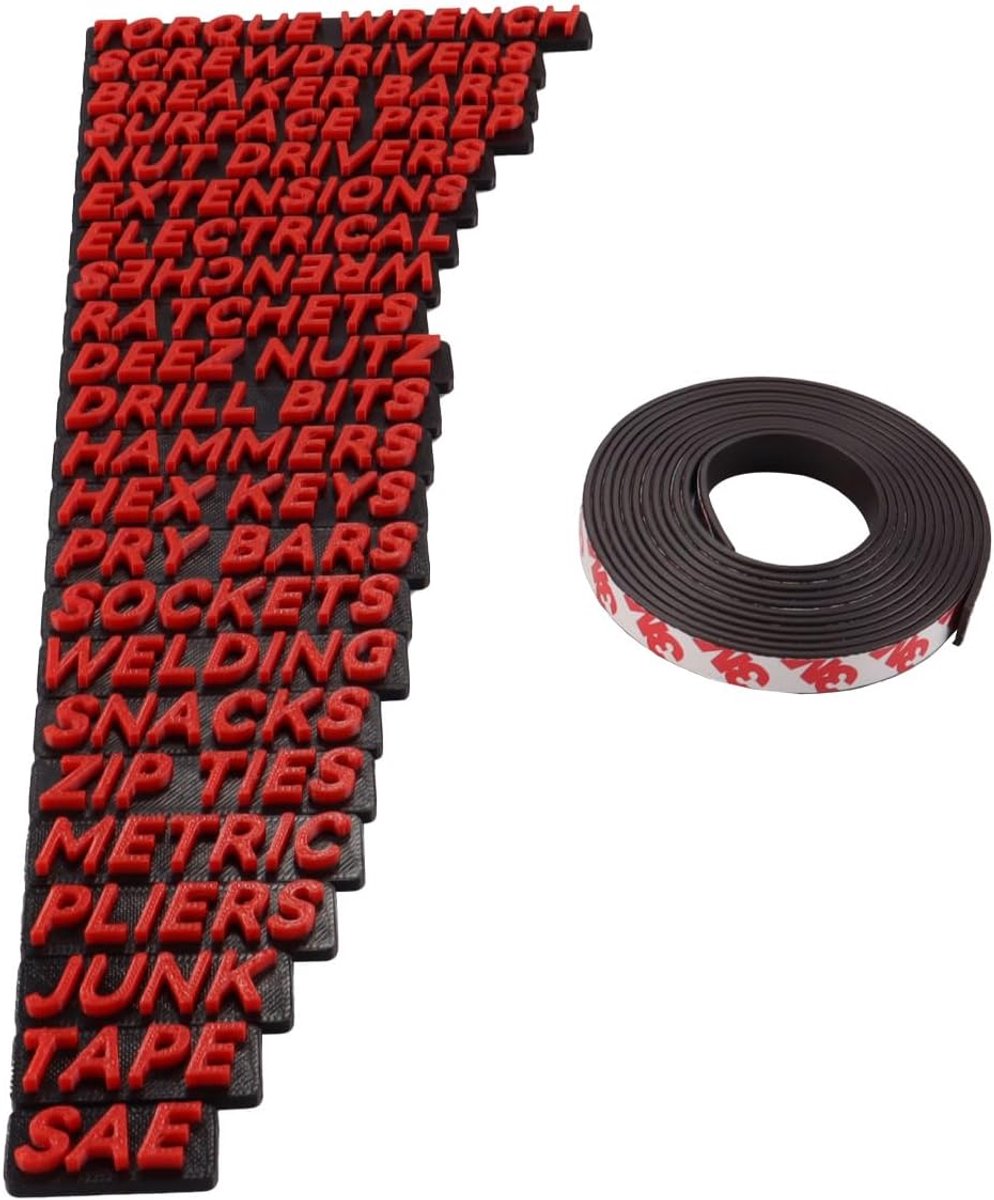 23 stuks gereedschapskist ladelabels, magnetische gereedschapskistlabels, 3D gereedschapskist organizer labels, herbruikbare gereedschapskist organisatie stickers rood