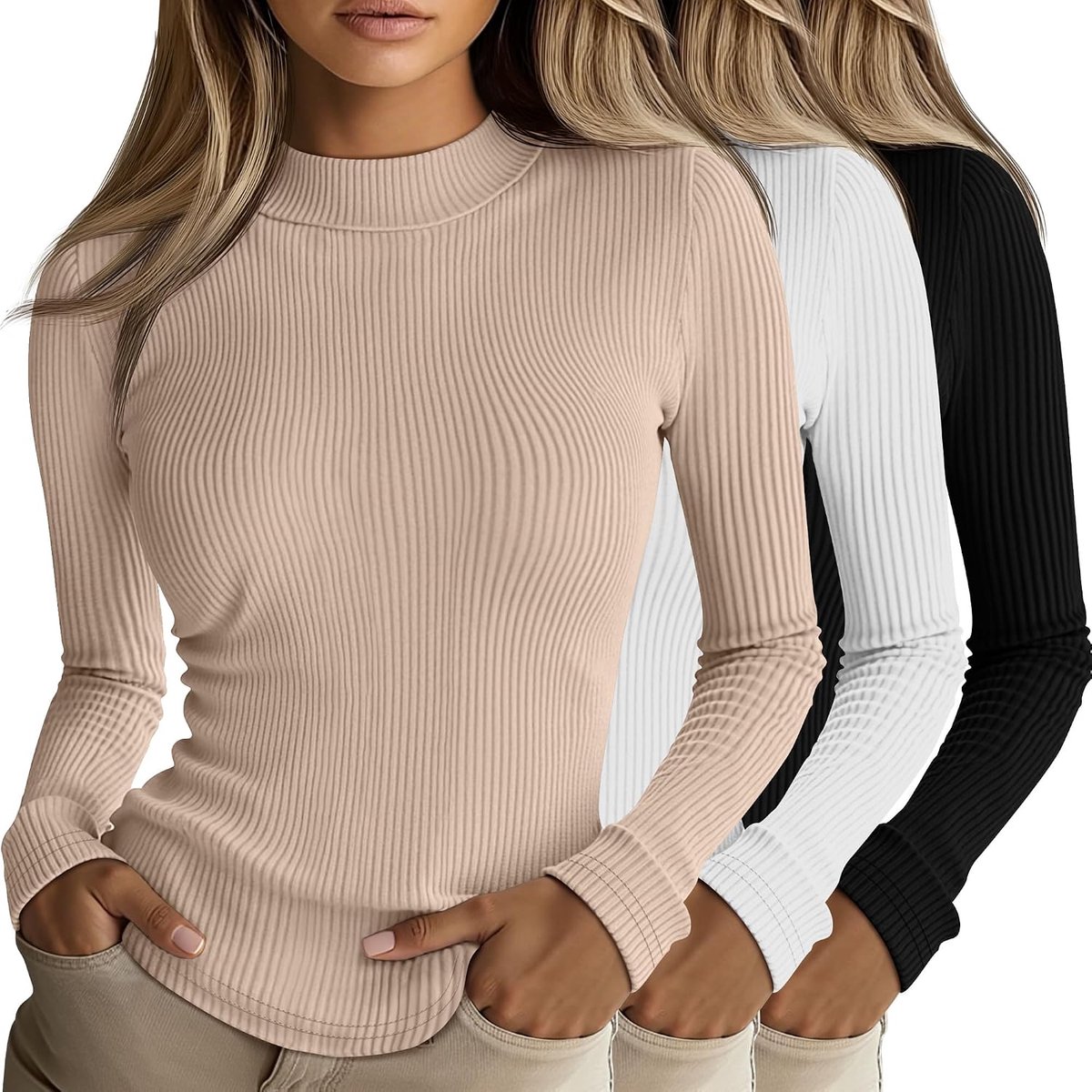 3-Pack Dameshemden Met Ribboord, Coltrui, Lange Mouwen, Slim Fit Onderhemden, Casual Basic Laagjes T-Shirts