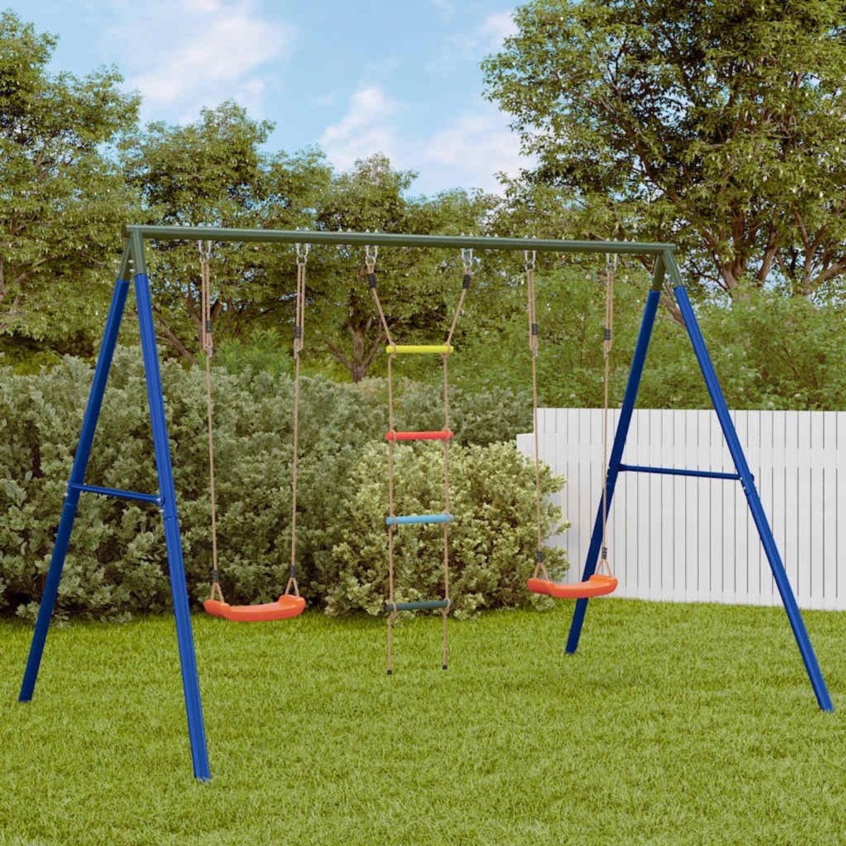Schommelset met 2 schommelstoelen en gebreide ladder voor de tuin