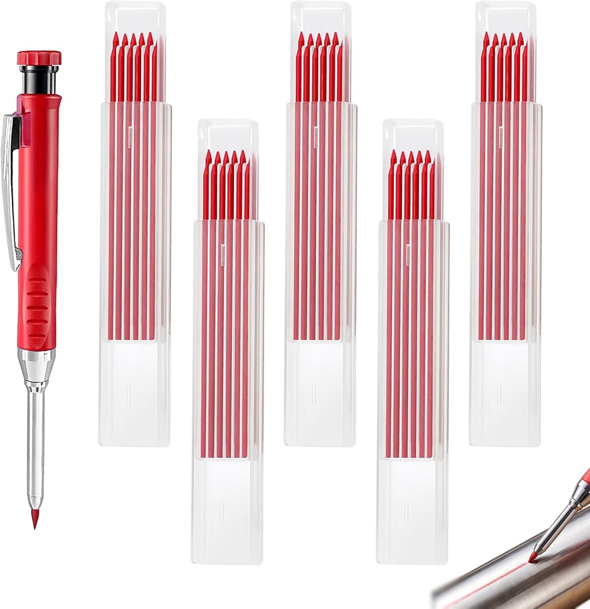 Timmermanspotlood met 60 potloodvullingen, rood, diepgaatmarker, bouwplaatset voor houtbewerking, diepgaatmarker, timmermanspotlood met geïntegreerde puntenslijper, 45 mm boorgatmarker