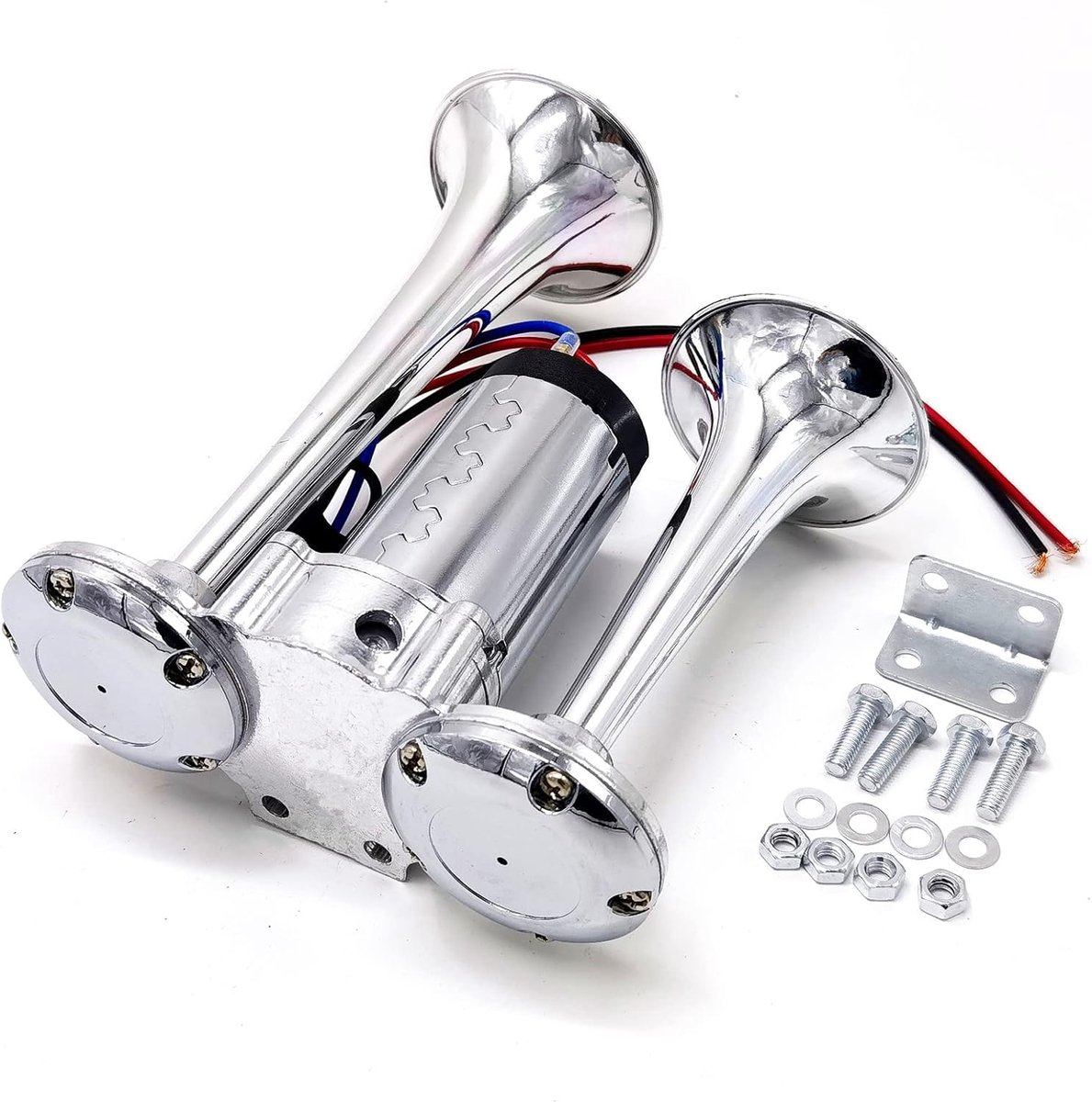 Hupe Autohoorn 24V Autohoorn Luchthoorn 165db Scheepshoorn Trompet Boothoorn Zilver Hoog en Laag Toonhoorn Dubbelbuishoorn Vrachtwagenhoorn Luidspreker Luchthoorn voor 24V Auto