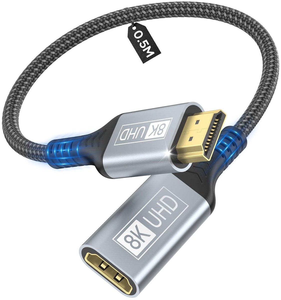 8K HDMI Verlengkabel, HDMI 2.1 Man naar Vrouw Adapterverlengkabel 8K@60Hz, 4K@120Hz, 3D, HDR Compatibel met Roku Blu-Ray TV Stick HDTV Monitor - 0,5 m