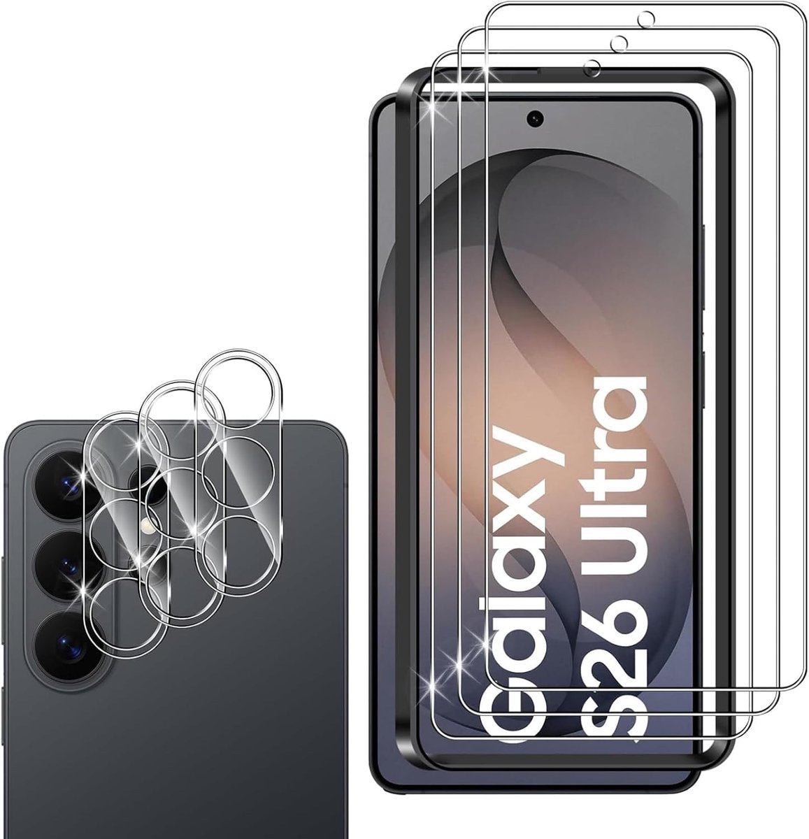 Screen protector voor Samsung Galaxy S26 Ultra, 3 stuks krasbestendige displaybeschermfolie met 3 stuks camerafolie, HD helder, zonder luchtbellen, Ultra Boven 9H+ Gehard glas