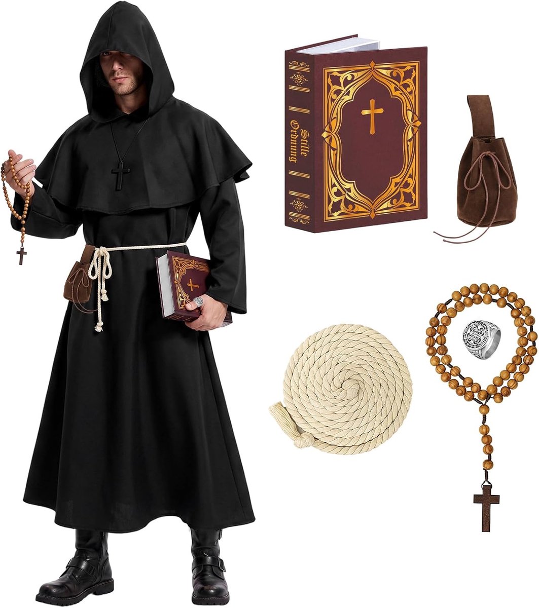 Halloweenkostuum voor heren, middeleeuws monnikenkostuum, monnikgewaad met capuchon, klassieke notitieboeken, kruisversieringen, ring en heuptas voor carnaval, Halloween, cosplay