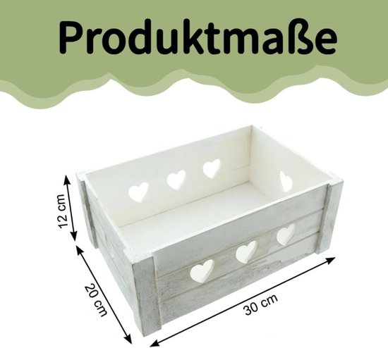 Kist met hartpatroon, 30 x 20 x 12 cm, houten kist zonder deksel, wit gekalkt, decoratieve houten kist, vintage geschenkkist voor documenten, waardevolle spullen en gereedschap — afbeelding 2