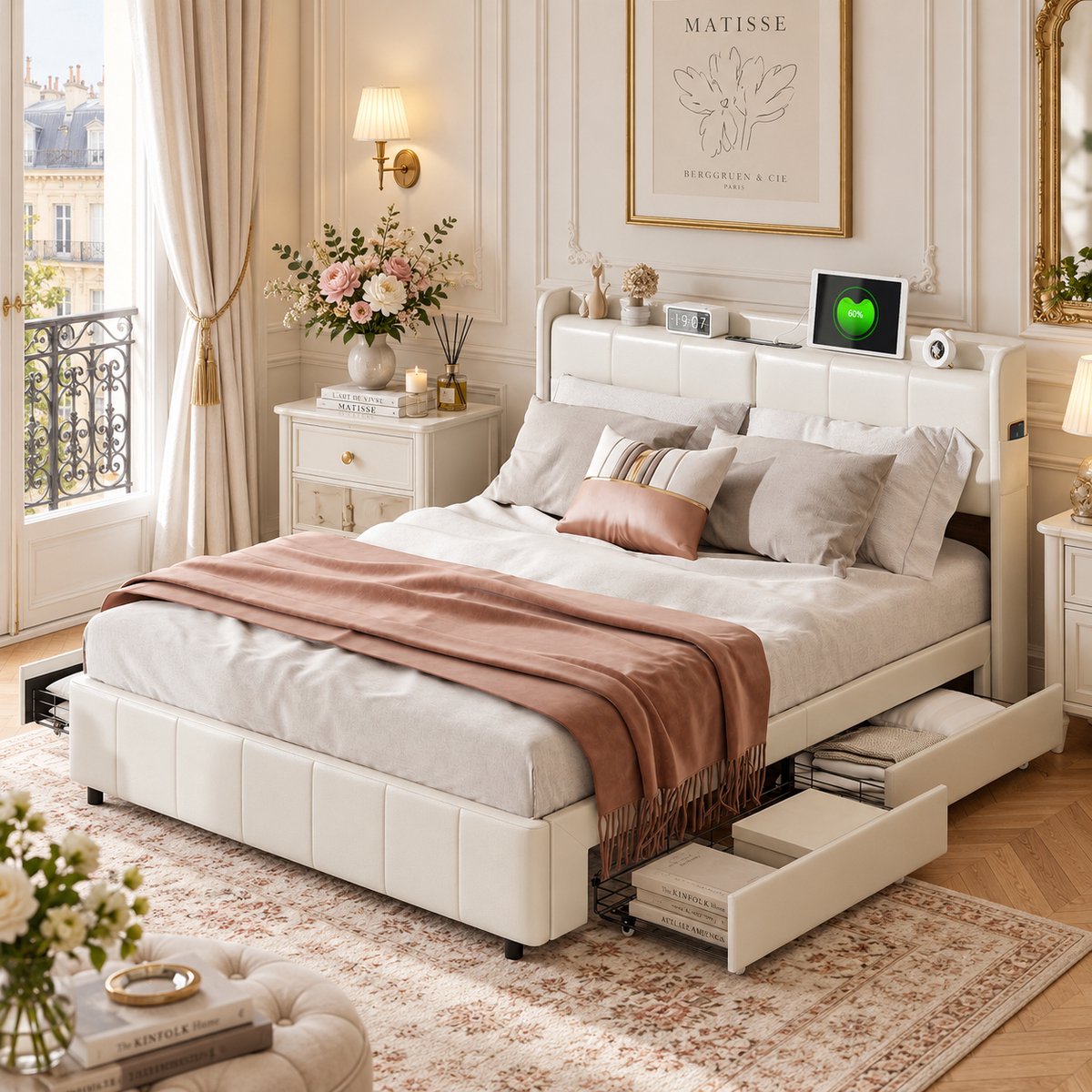 MEXUS Bed 160x200cm met lattenbodem, Gestoffeerd bed met 4 lades, Tweepersoonsbed met USB-oplaadfunctie, 2 personen bed met lade, PU, ​​Wit