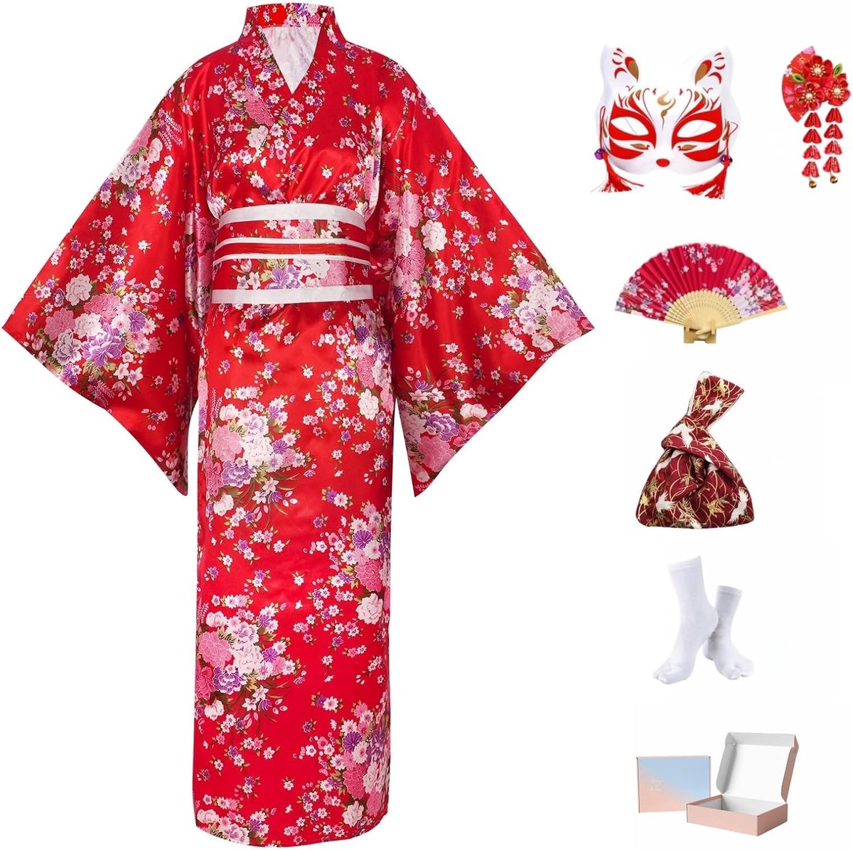 Japans Kimono Yukata Set,Satin Kimono-robe met Obi,Boog,Koordzak,Oplopend Waaier,Masker,Haarklem en Tabi-sokken in Geschenkkist,Dames Feestkleding Cosplay-kostuum voor Fotografie,Podium en Feest