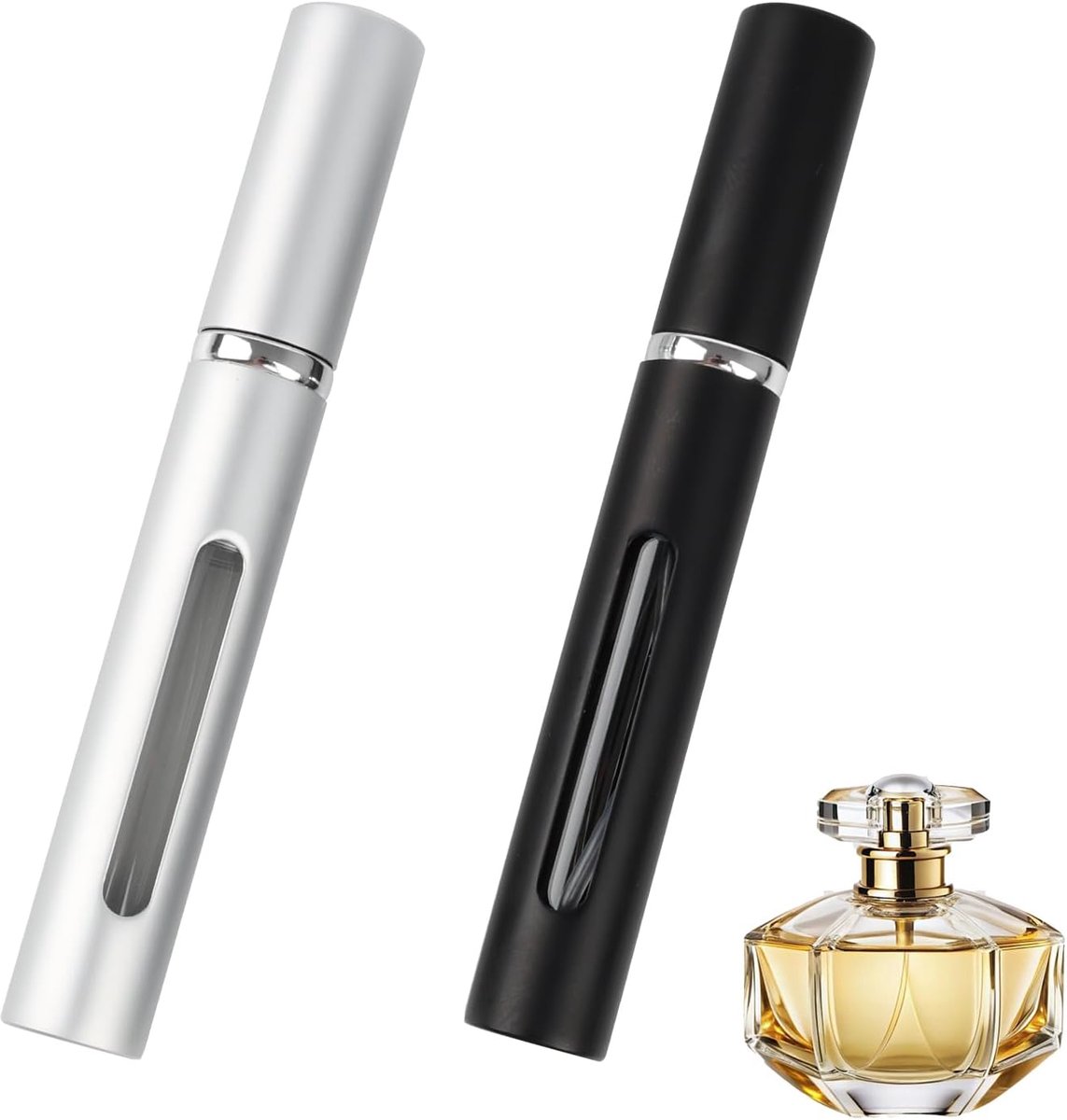 Verstuiver, 5 ml parfumverstuiver, navulbaar, aluminium, draagbare parfumverstuiver, glazen binnencontainer en gegalvaniseerde aluminium sproeikop voor dames en heren (zwart en
