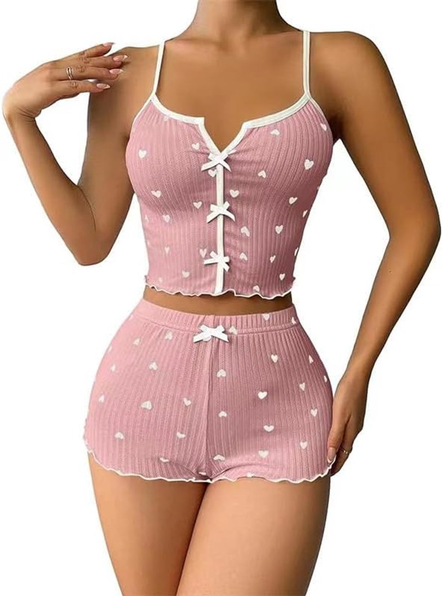 Zomer loungewear casual hemdje mouwloos 2 stuks katoenen tops en shorts V-hals hart bedrukte kleur cami nachtkleding zachte nachtkleding PJ shorts Y2K kledingsets voor geschenken
