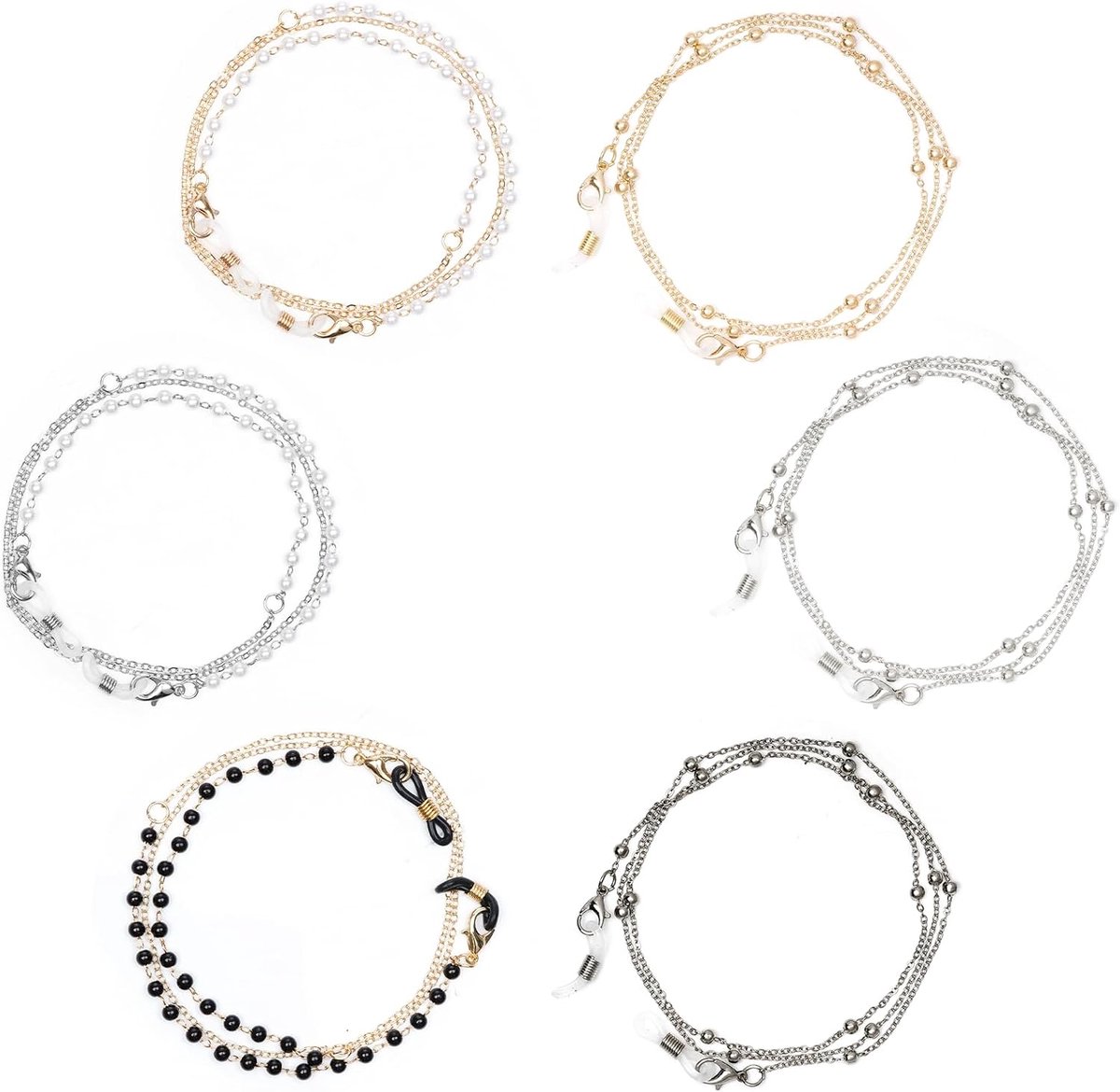 Brillenketting voor dames, 6-delige set, stijlvolle brilband, 6 designs, halsketting voor zonnebril, leesbril, brillenhouder