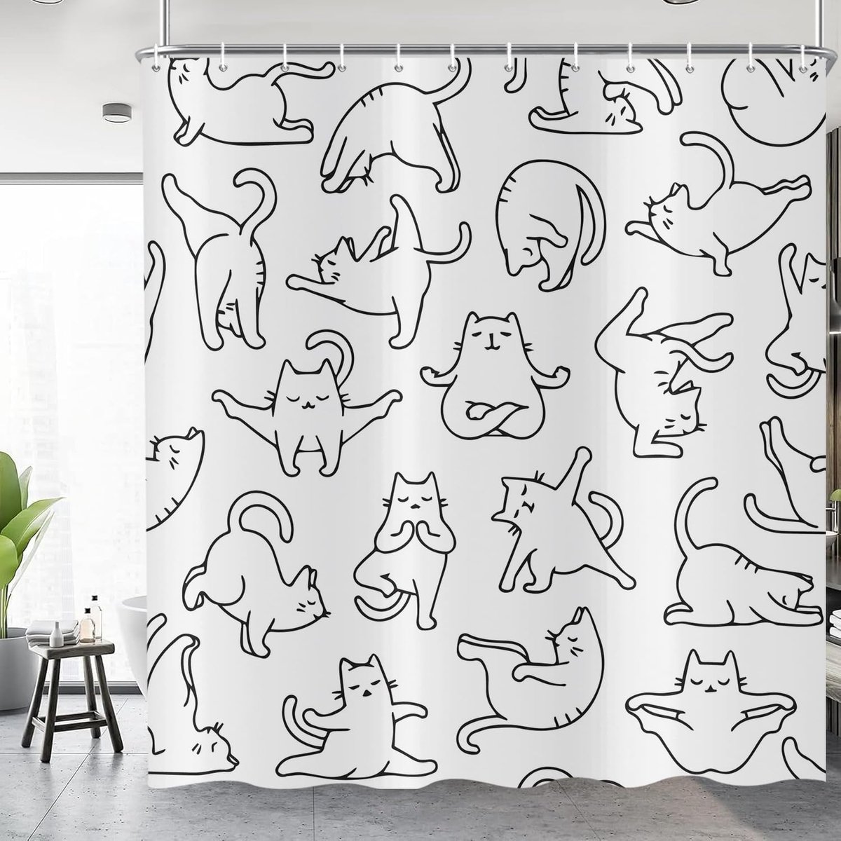 Douchegordijn, grappige kat, 180 x 200 cm, schattige cartoon, zwart-wit, lijnen, yoga, kittens, kinderen, waterdicht, badgordijn, polyester textiel, wasbaar, douchegordijnen voor bad, met 12