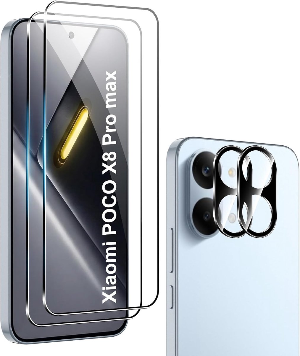 Displaybeschermfolie voor Xiaomi Poco X8 Pro Max, 2 + 2 stuks, displaybeschermfolie, luchtbelvrij, hardheidsgraad 9H, krasbestendig, anti-vingerafdruk, 2 stuks