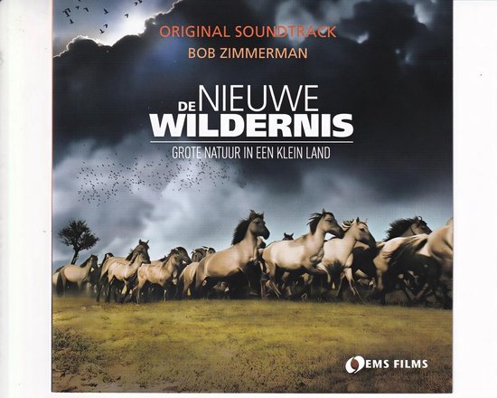 Hoes van De Nieuwe Wildernis met een kudde paarden die over een veld galoppeert onder een dramatische lucht.