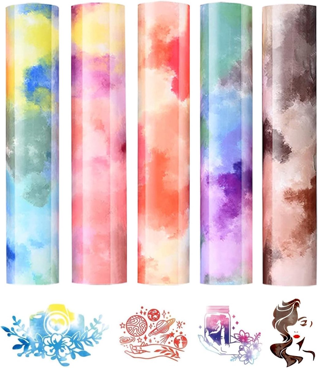 5 stuks warmteoverdracht vinylvellen, 30,5 x 25 cm, flexibele transferfolie, vinyl, regenboog, kleurverloop, vinyl voor buiten, voor T-shirts, doe-het-zelf, kopjes, canvas