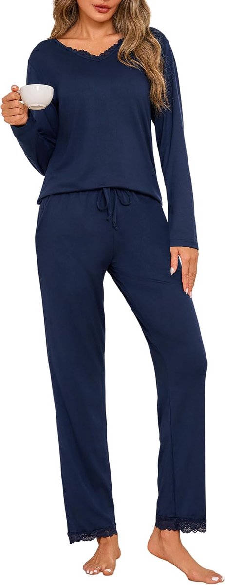 Pyjama voor dames, lange mouwen, pyjamaset voor dames, katoen, winter, V-hals en lange broek van kant met zak, tweedelig