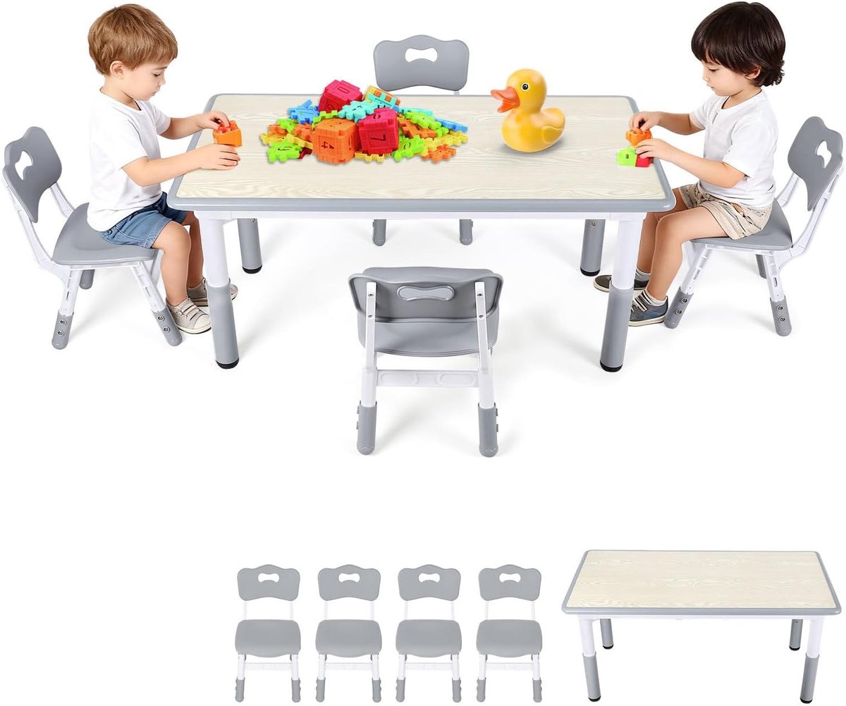Kindertafel met 4 stoelen, XXL kinderzitgroep 120 x 60 cm, 7-traps in hoogte verstelbare schildertafel en activiteitstafel voor kleuterschool en kinderkamer