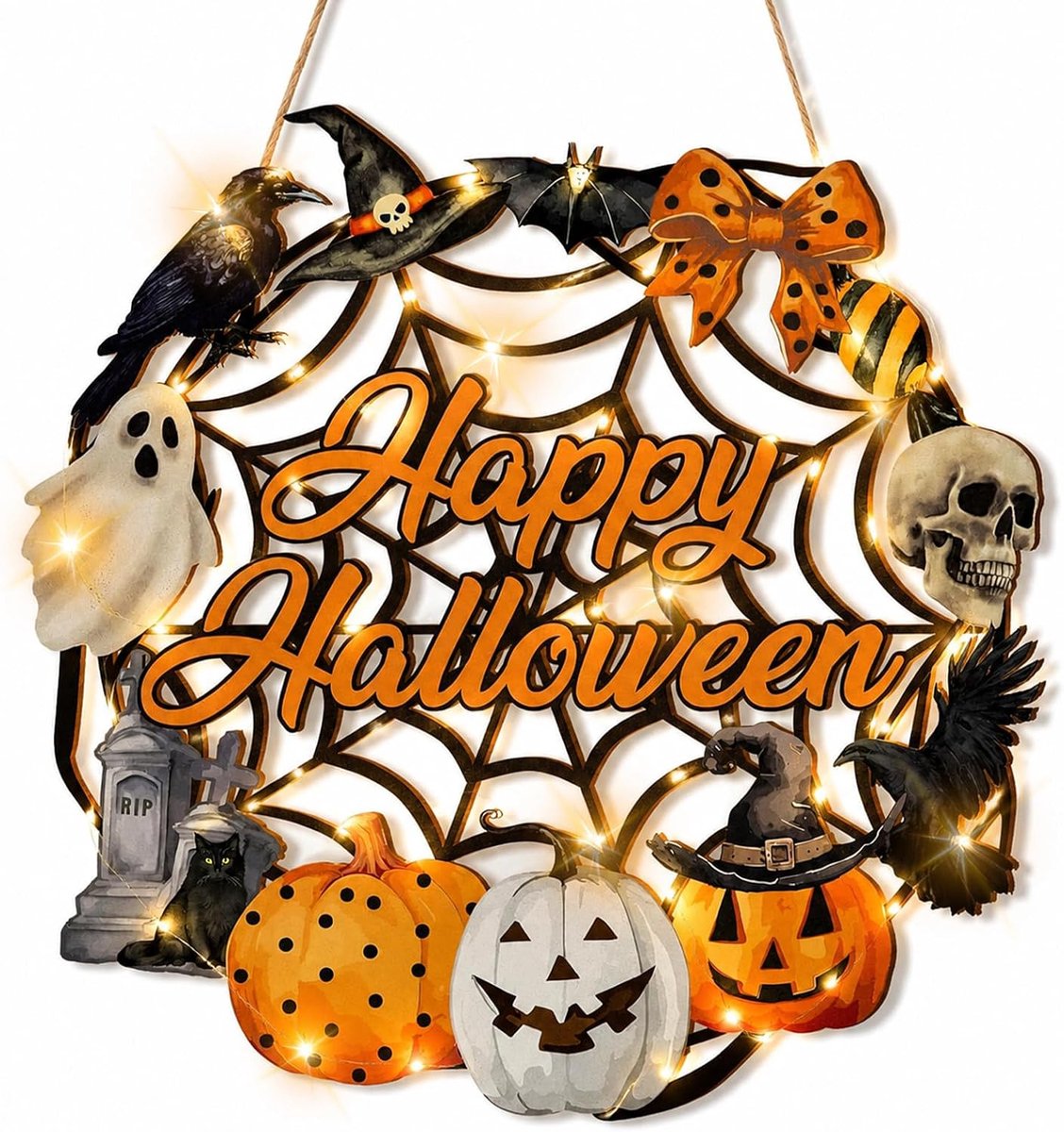 Deurkrans decoratie buiten, led Halloween deurdecoratie, Halloween decoratie, huisdeur decoratie wandbord van hout, doodshoofd, pompoen, vleermuis, spook, kat voor thuis, binnen en buiten