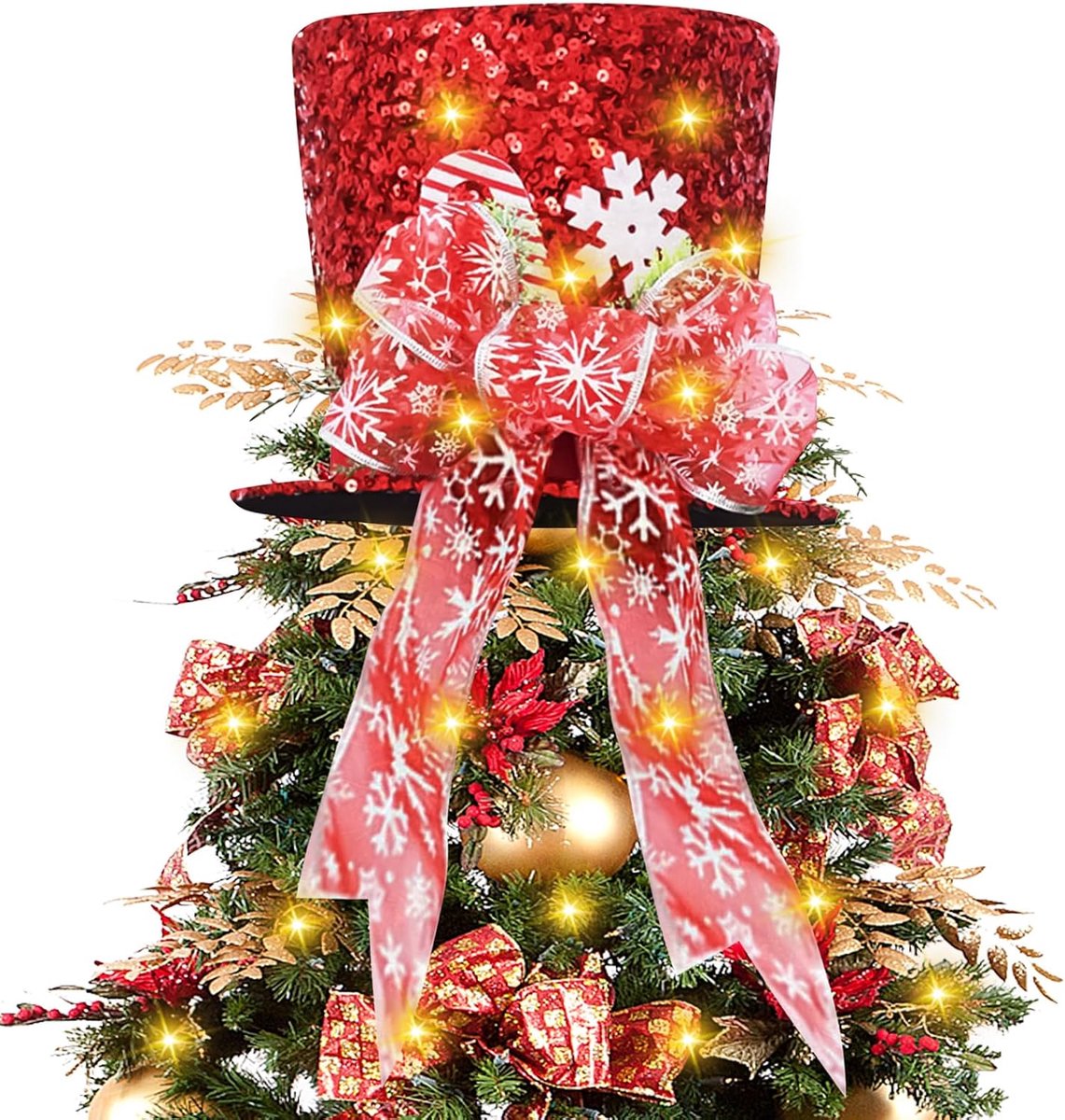 hoed, 26 cm piek, Kerstmis met lint kerstboomversiering, cilinderhoed, kerstboomtips voor Kerstmis, decoratie, kerstvakantie, feestdecoratie, rood