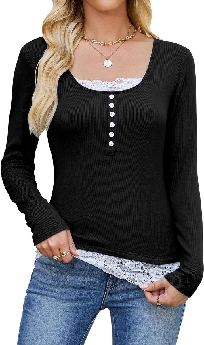 Damestrui met lange mouwen, casual, elegant, U-hals, sweatshirt, basic, tuniek, solide top, vrijetijdsshirt met kant, voor lente, herfst, winter