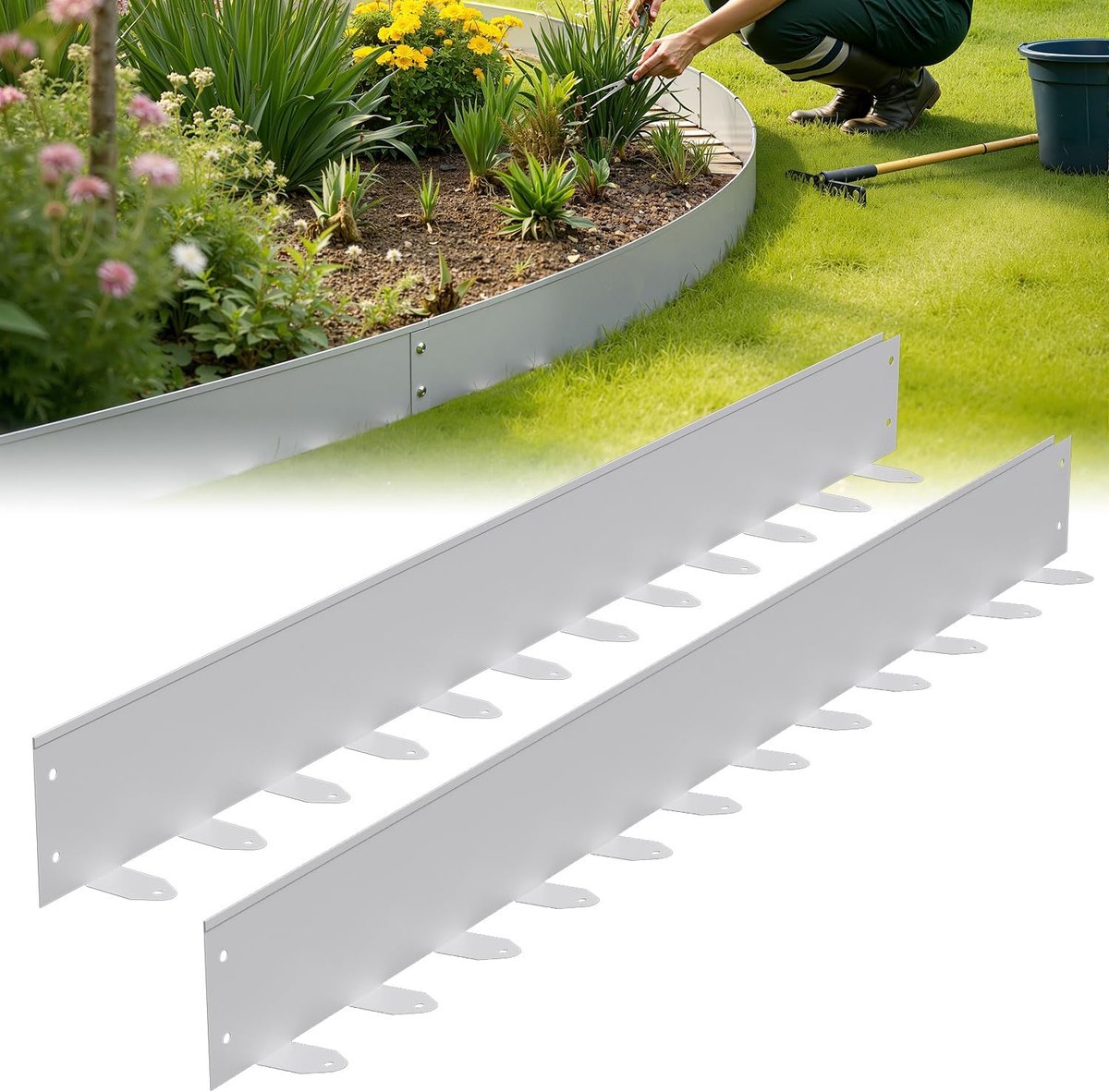 Gazonrand, metaal, zilver, 100 cm x 5 cm, 25 stuks, weerbestendig, eenvoudige installatie met grondankers, maairand voor bloembedden, binnenplaats, tuin