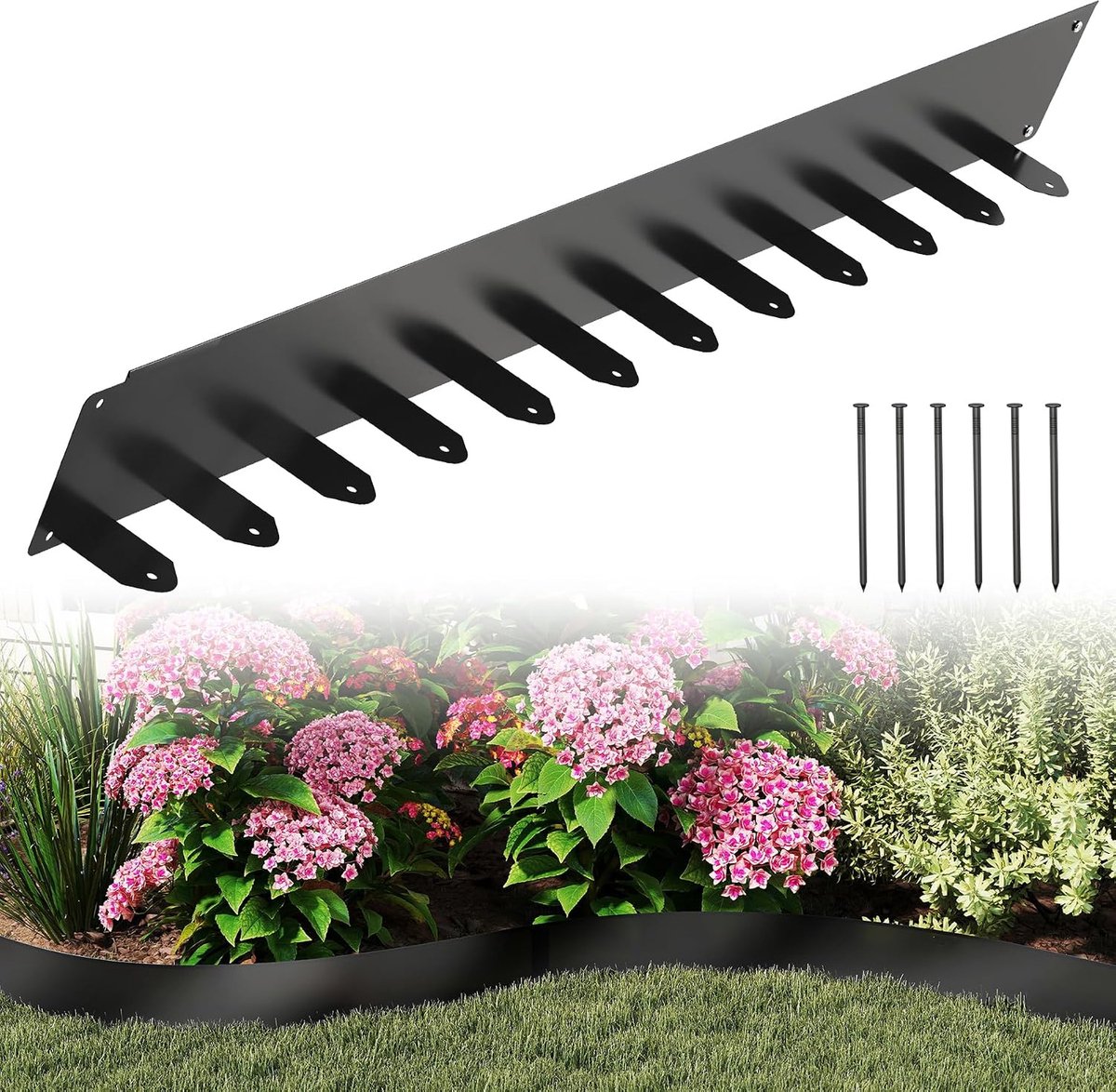 Flexibele gazonrand, L 100 x H 10 cm, bloembedomranding met 50 grondankers, tuinperkbegrenzing voor binnenplaats, boerderij, zwart, 10 stuks