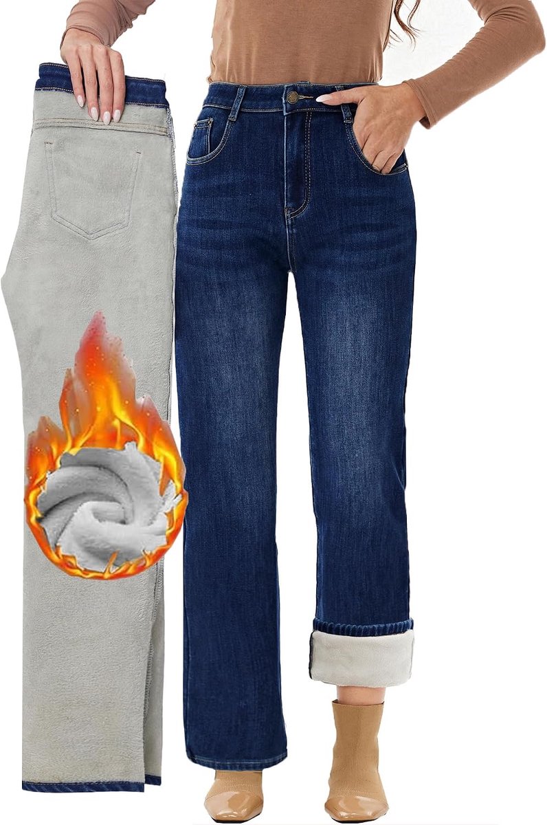 Jeans met wijde pijpen, winter, thermische flanel, losse casual warme jeans