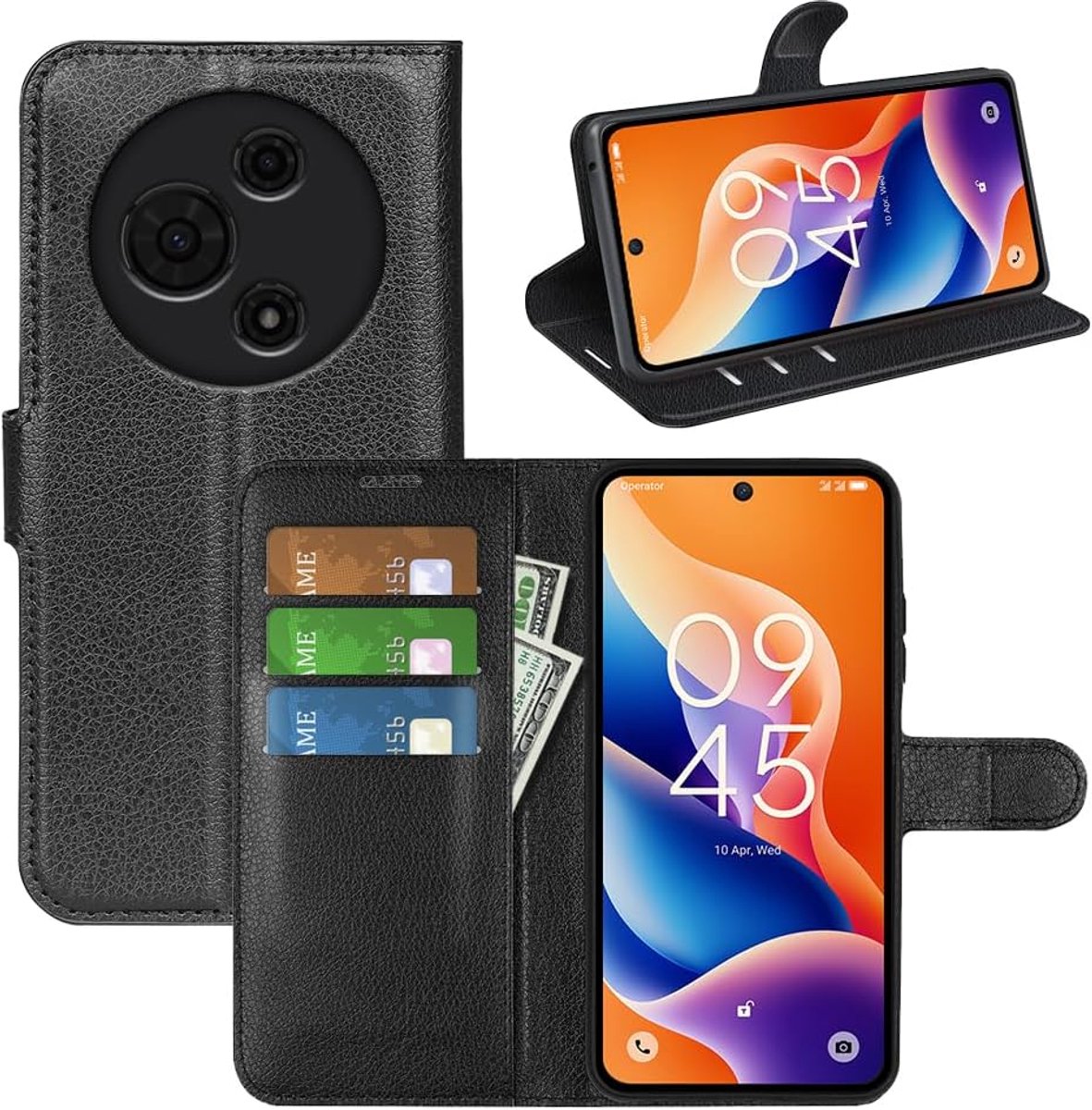 Hoesje voor TCL 60 SE/TCL 605, Premium lederen portemonnee flip folio hoes met siliconen bumper [Kickstand] [Kaarthouder] [Magnetische gesp] Bookcase Skin, Zwart
