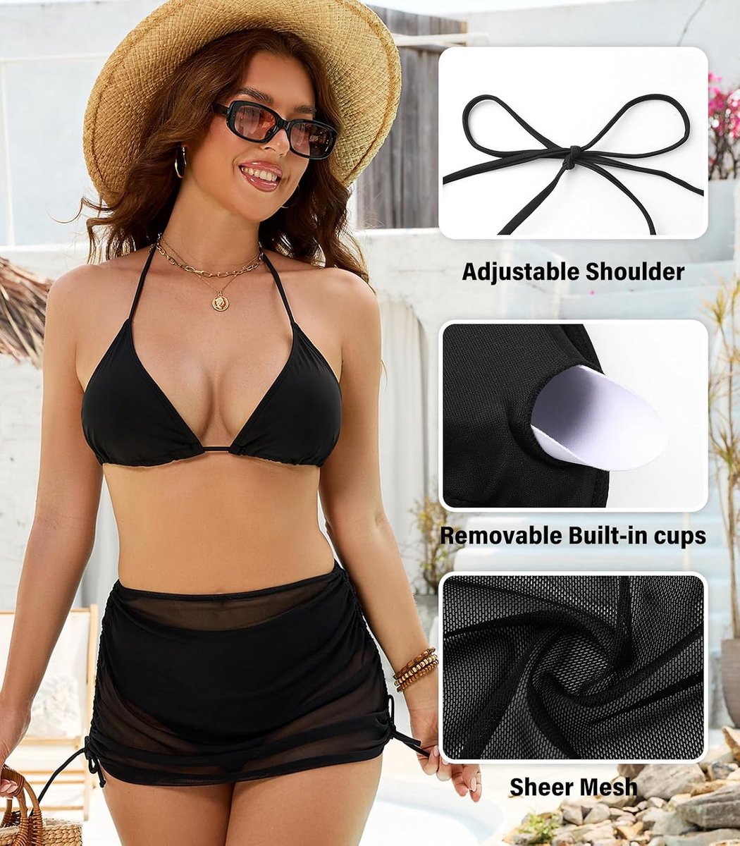 Badpak voor dames, 3-delig, halter, driehoek, bikini, gevoerd, verstelbaar, bikiniset, V-hals, elegant, top, bikini, sexy