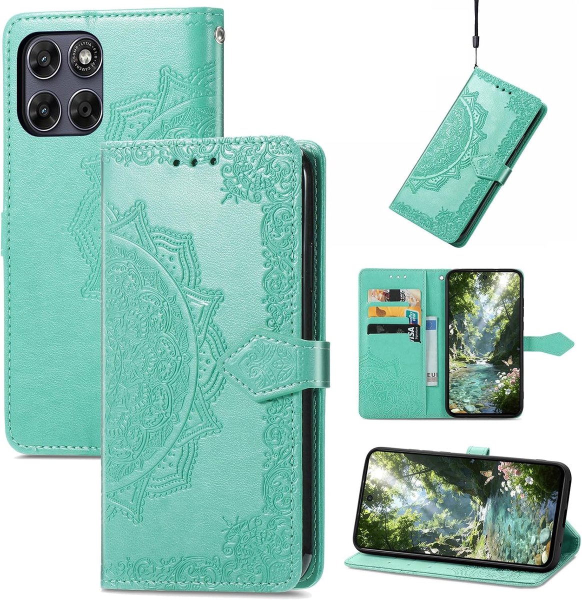Beschermhoesje voor Motorola Moto G77 / G67, klaphoes van leer, met kaartsleuven, magneetsluiting en standfunctie, met mandala-motieven, binnenkant siliconen, dun, schokbestendig, groen