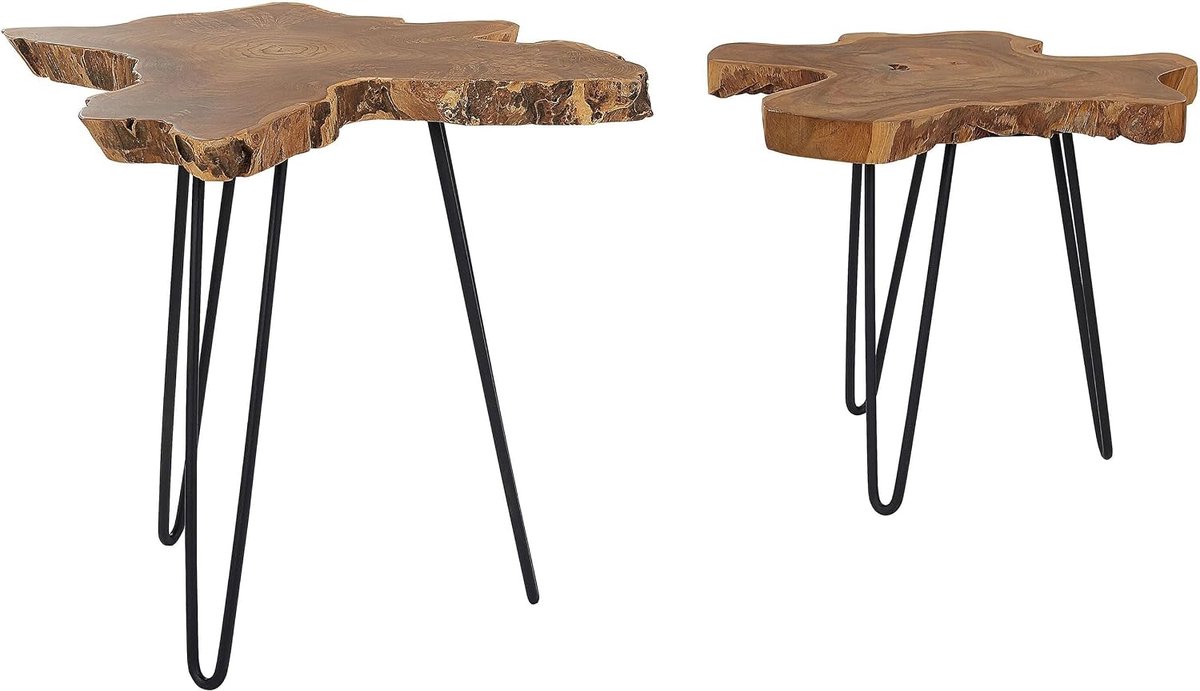 Set van 2 bijzettafels salontafels houten donkerbruin tafelblad metalen poten Camrose