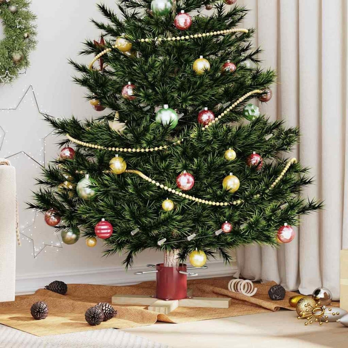 Kerstboomstandaard van massief grenenhout, standaard voor dennenbomen, stabiel en decoratief, 50 x 50 x 16 cm, rood