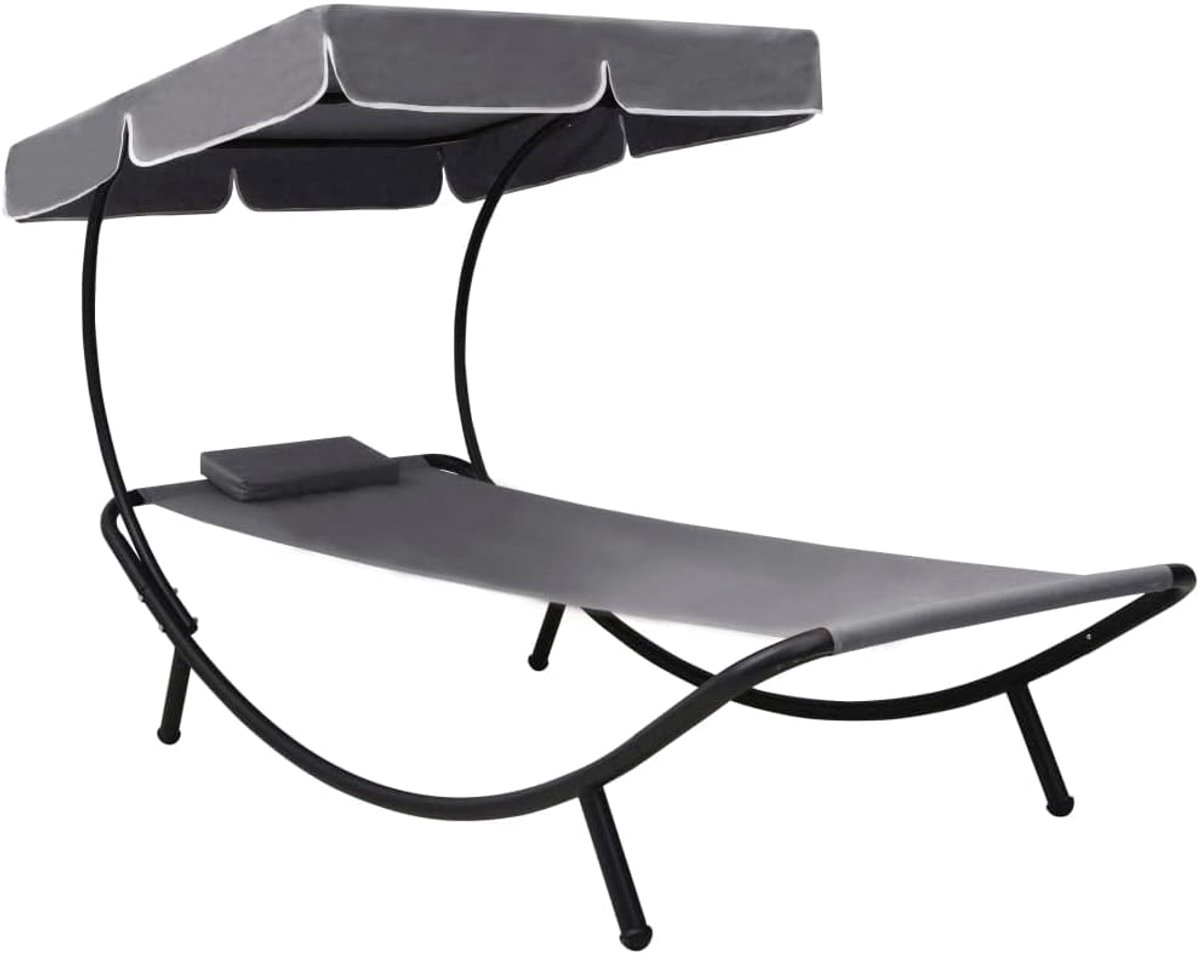 Zonneligstoel met zonnedak en kussen in grijs, strandstoel met groot beschermdak en comfortabele bekleding voor tuin, terras of balkon