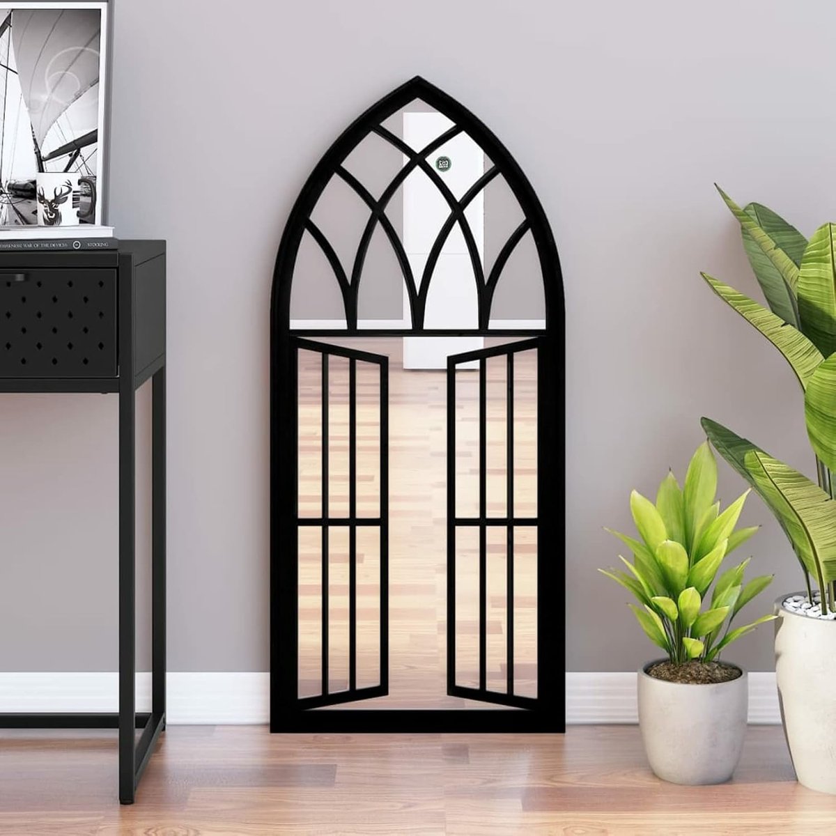 Zwarte spiegel, 100 x 45 cm, van ijzer voor binnen, decoratieve spiegel, wandspiegel, binnenspiegel, spiegel voor woondecoratie, woonkamer, slaapkamer